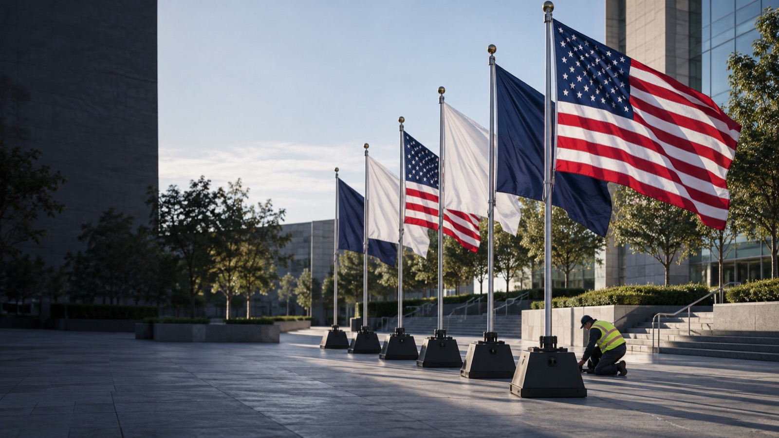 Temporary American flagpoles on weighted bases being checked before an event